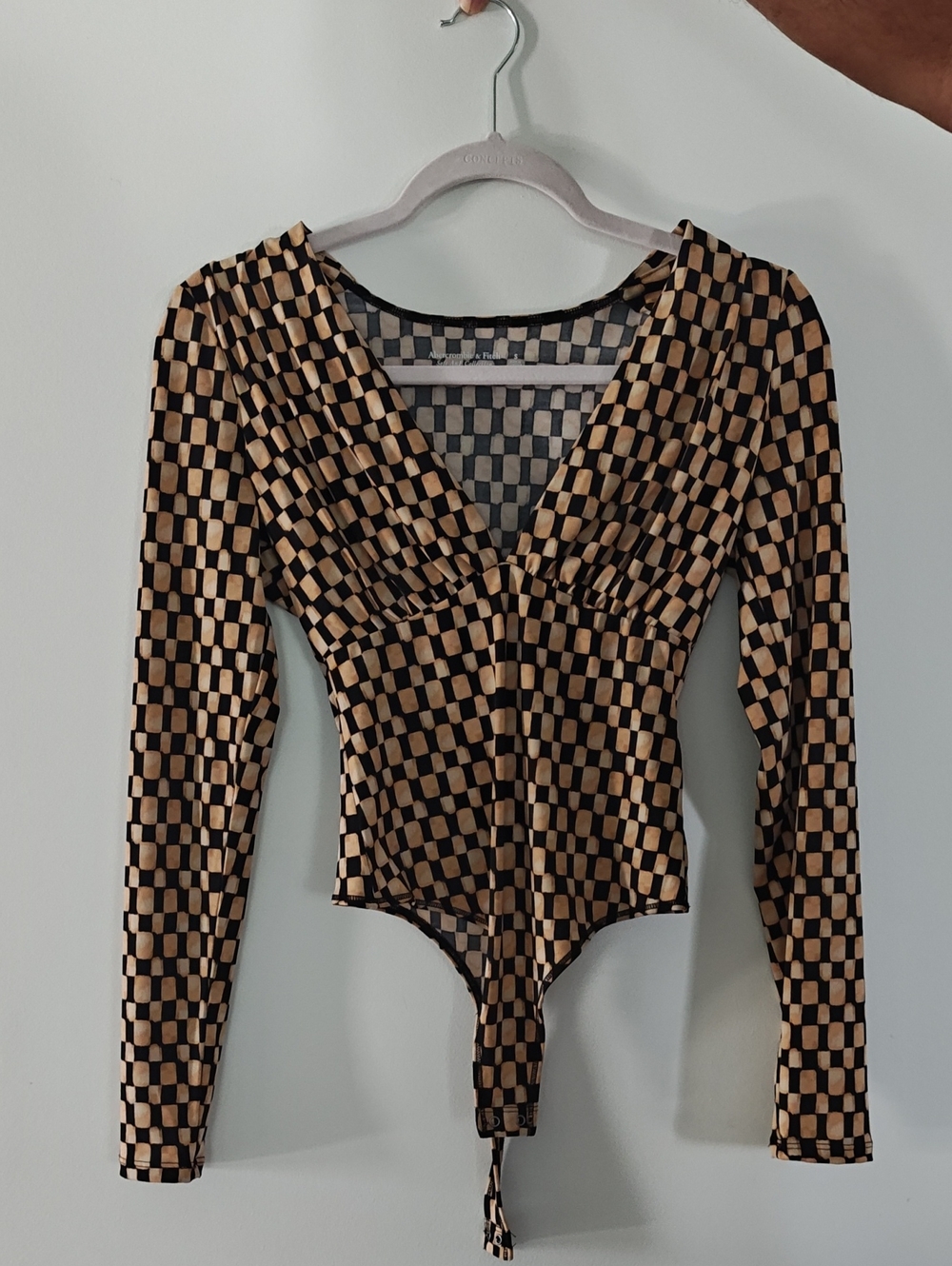 Abercrombie & Fitch Checker-Print Long Sleeve Bodysuit in Beige and Black